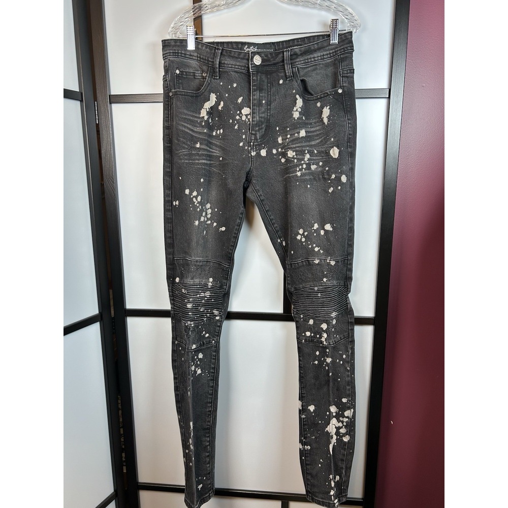 Switch Remarkable Mens Moto Biker Jeans Black Paint Splatter Slim Taper Stretch